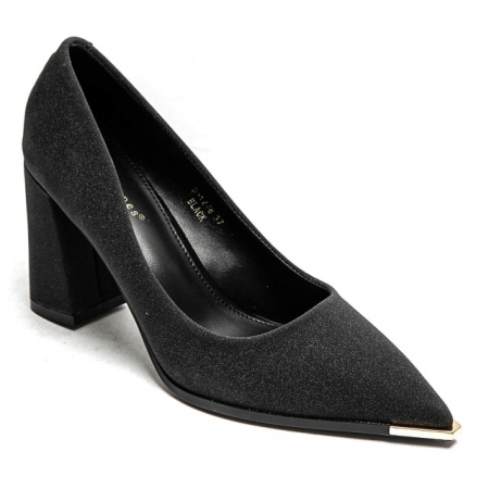 Елегантни остри обувки на удобен широк ток с брокат- Izabel Black 11613