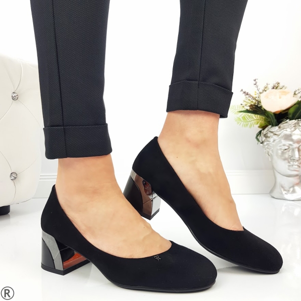 Дамски обувки на широк ток в черен цвят велур- Beti Black