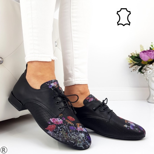 Равни обувки естествена кожа с цветя - Marika Black