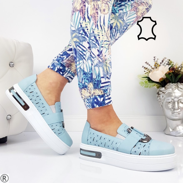 Сини дамски обувки на платформа естествена кожа- Grace