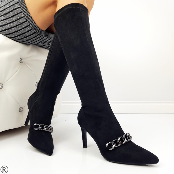 Елегантни ботуши от велур в черен цвят на тънък ток- Vincenta Black