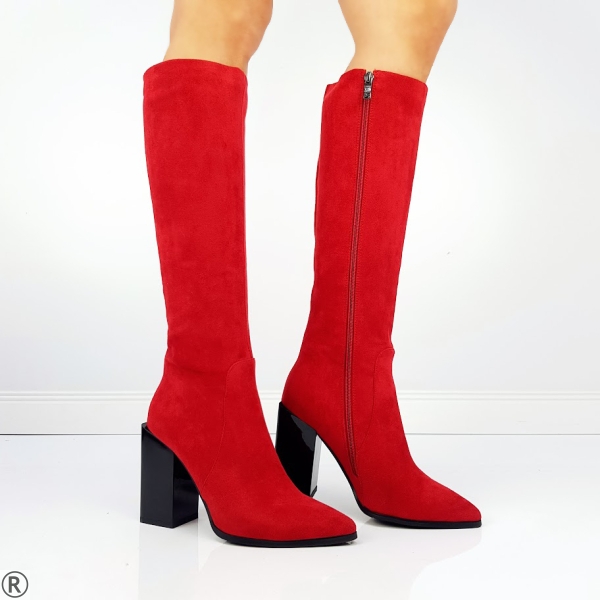 Дамски ботуши в червен цвят на широк ток- Isabella Red