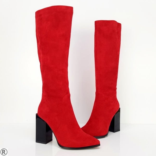 Дамски ботуши в червен цвят на широк ток- Isabella Red