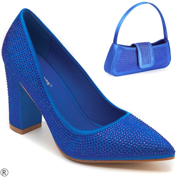 Дамски елегантни обувки в син цвят на широк ток с камъни- Debra Blue