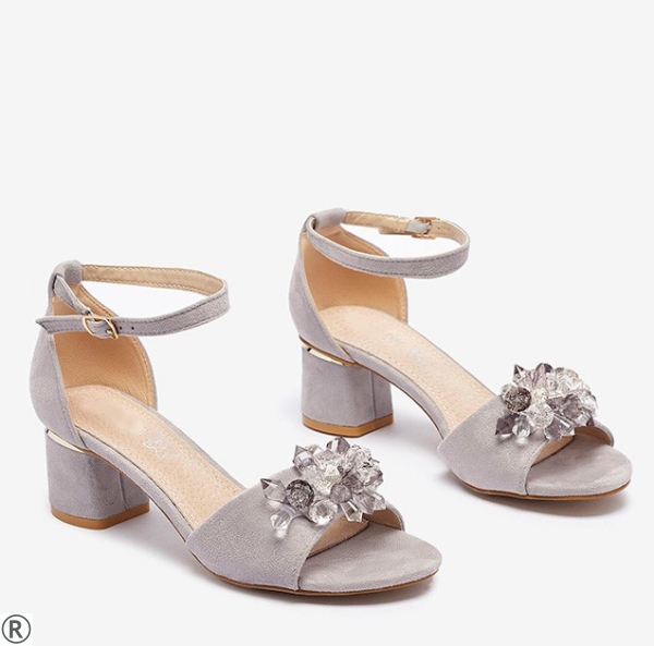 Велурени сандали в сив цвят с камъни-  Julia Grey
