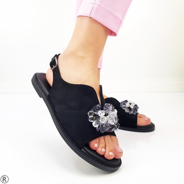 Равни сандали в черен велур с камъни- Isabell Black
