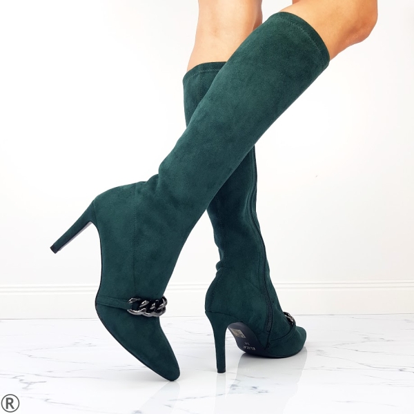 Елегантни ботуши от велур в зелен цвят на тънък ток- Vincenta Green