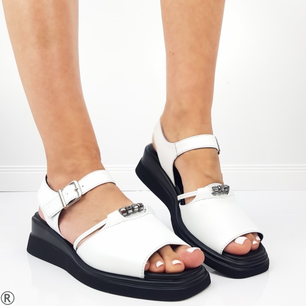 Бели сандали от естествена кожа на платформа- Krista White
