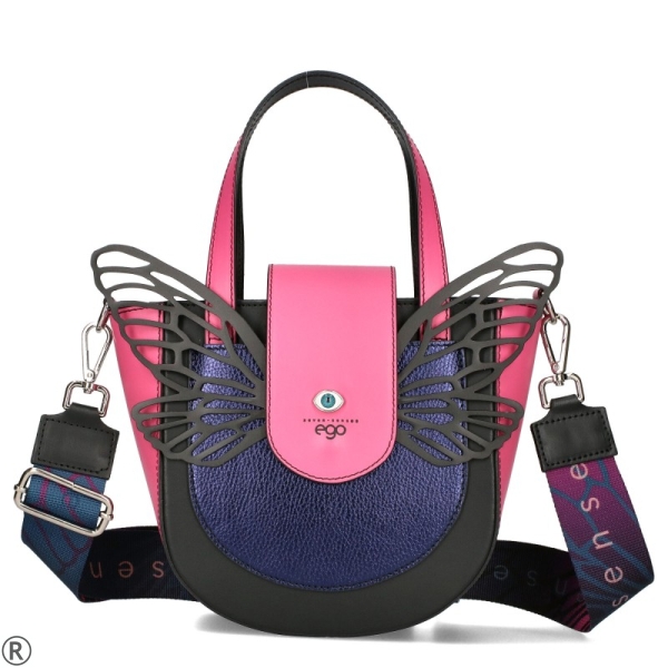 Дамска цветна чанта от естествена кожа с пеперуда- EGO Pink 11148