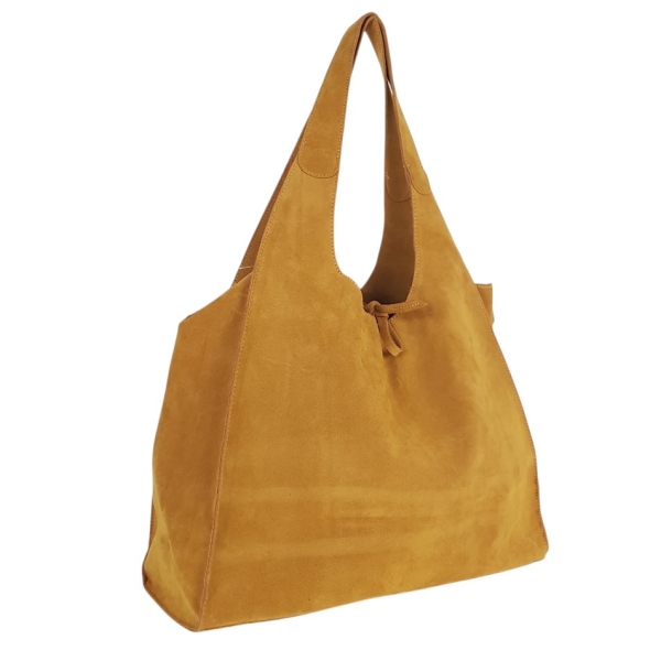 Велурена чанта тип торба в цвят горчица- Modina 11280