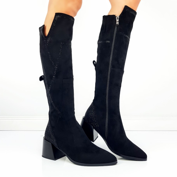 Черни велурени ботуши на широк ток- Eliza Bulgaria 11449