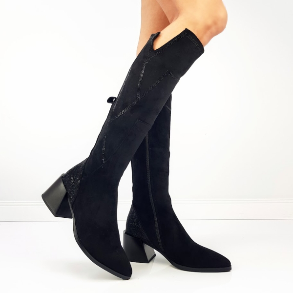 Черни велурени ботуши на широк ток- Eliza Bulgaria 11449