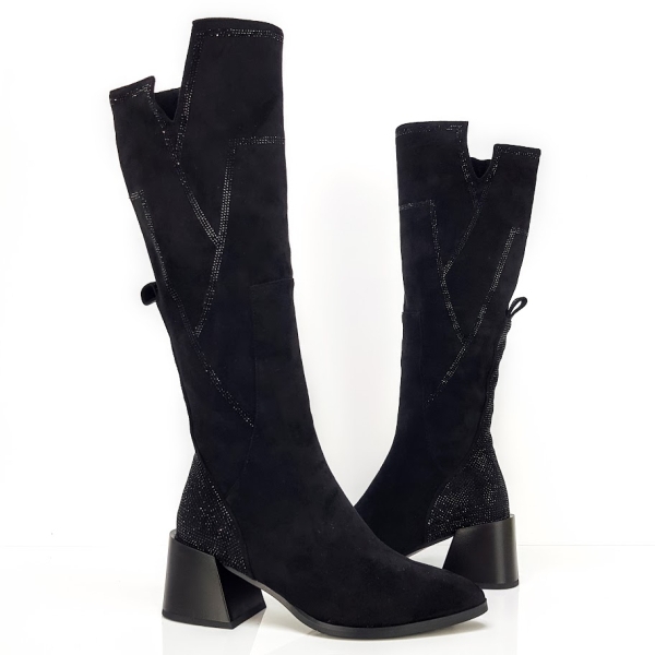 Черни велурени ботуши на широк ток- Eliza Bulgaria 11449