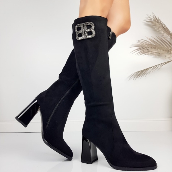 Черни елегантни ботуши от велур на широк ток- Eliza Bulgaria 11483