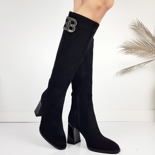 Черни елегантни ботуши от велур на широк ток- Eliza Bulgaria 11483