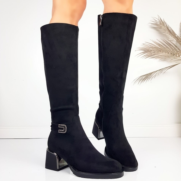 Черни велурени ботуши на среден ток- Eliza Bulgaria 11485