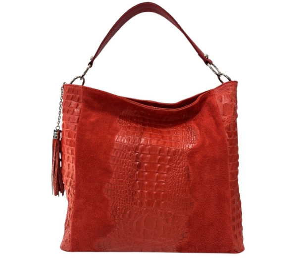 Червена чанта от естествена кожа и велур - Alexa BRed 11509