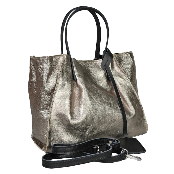 Чанта от естествена кожа в сребрист цвят- Amanda Silver 11518