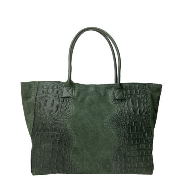 Голяма зелена чанта от естествена кожа с животински принт- Demi Green 11523