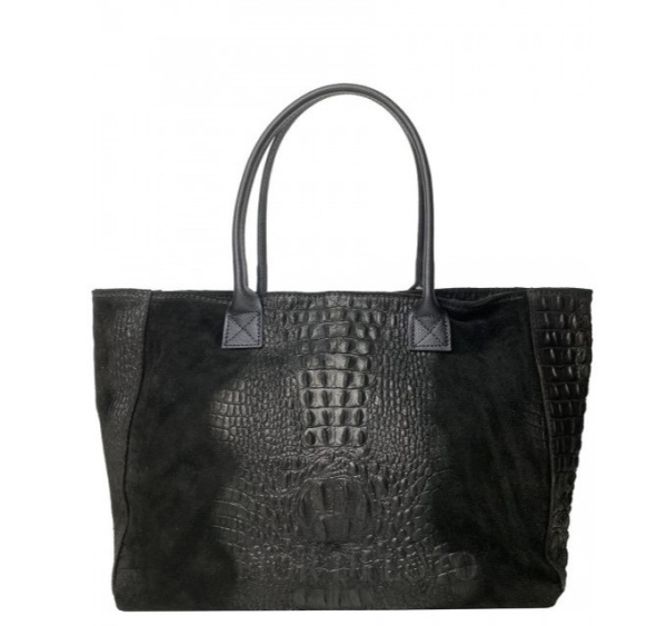 Черна чанта от естествена кожа с животински принт- Demi Red 11521