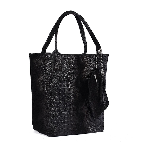 Голяма черна чанта от естествена кожа с кроко принт- Zara Black 11532