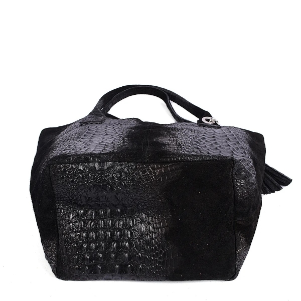 Голяма черна чанта от естествена кожа с кроко принт- Zara Black 11532