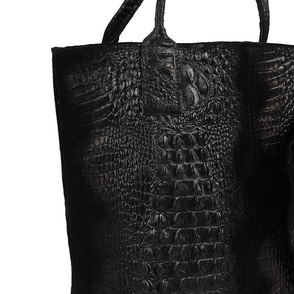 Голяма черна чанта от естествена кожа с кроко принт- Zara Black 11532