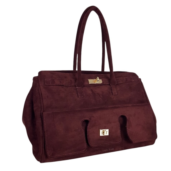 Голяма велурена чанта цвят бордо- Laura Biaggi 11537