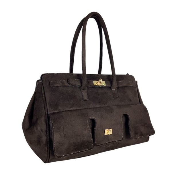 Голяма тъмно кафява чанта от велур- Laura Biaggi 11536