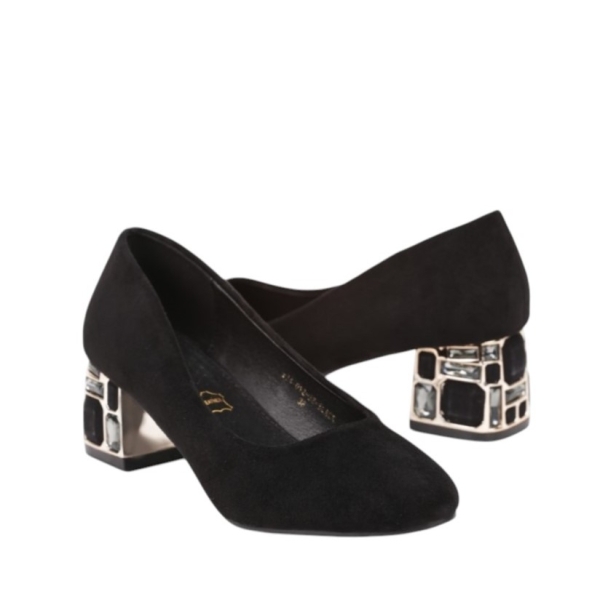 Елегантни велурени обувки с ефектен ток с камъни- Arina Black 11542