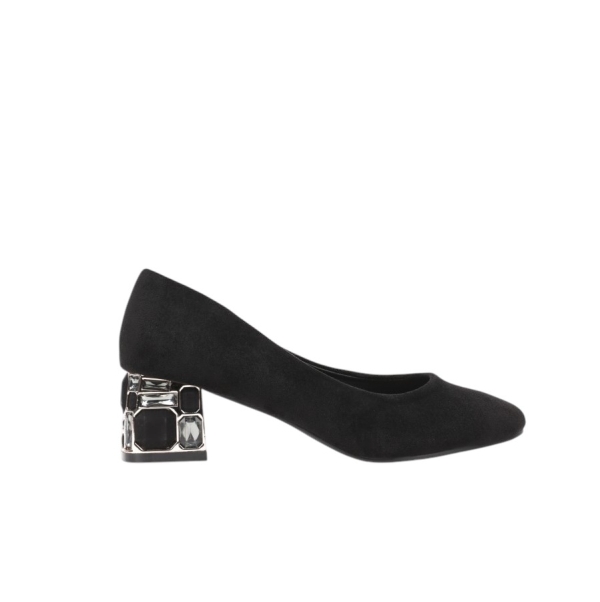 Елегантни велурени обувки с ефектен ток с камъни- Arina Black 11542