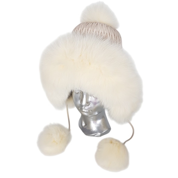 Бяла шапка с естествен косъм на лисица- Nora White 11554