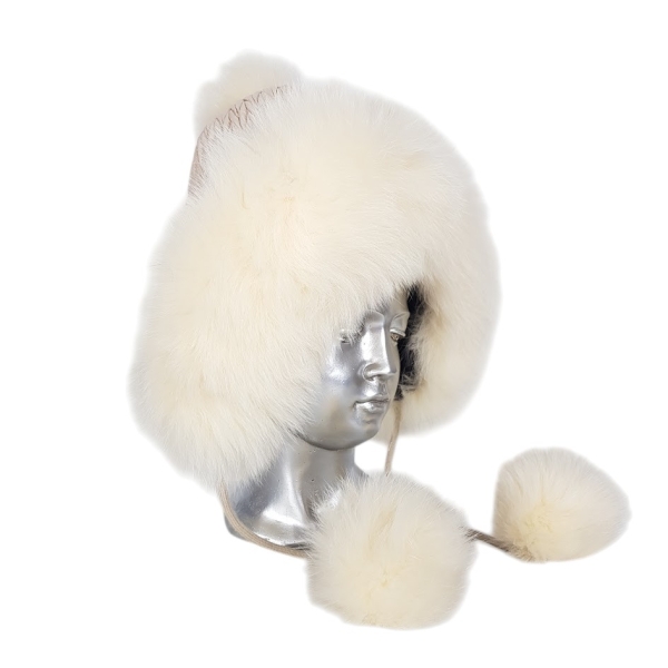 Бяла шапка с естествен косъм на лисица- Nora White 11554