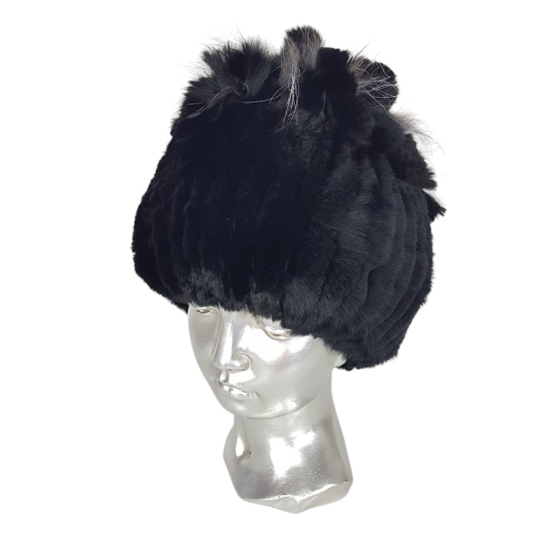 Черна луксозна шапка от естествен косъм на лисица- Nora Black  11557