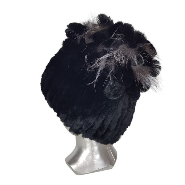 Черна луксозна шапка от естествен косъм на лисица- Nora Black  11557