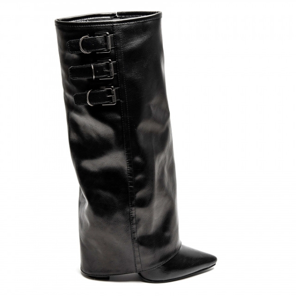 Черни кожени ботуши с дебел ток- Shermin Black 11570