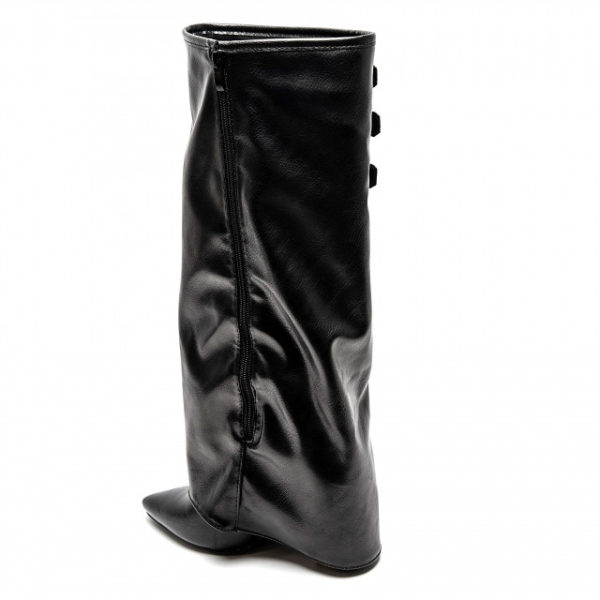 Черни кожени ботуши с дебел ток- Shermin Black 11570