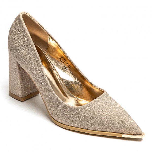 Елегантни златни  обувки на удобен широк ток с брокат- Izabel Gold 11614