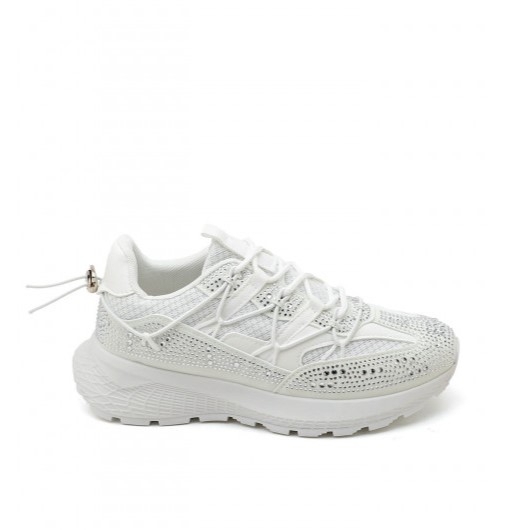 Бели дамски маратонки с камъни- Sisi White 11679