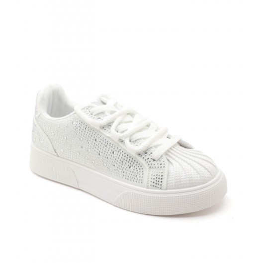 Бели равни кецове с камъни- Qnita White 11683