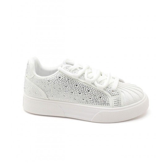 Бели равни кецове с камъни- Qnita White 11683