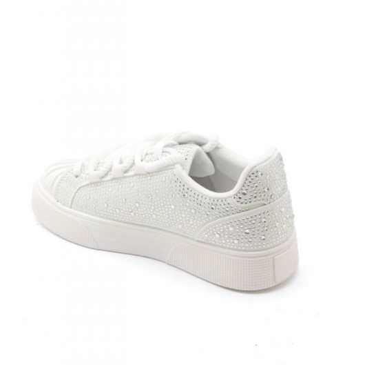 Бели равни кецове с камъни- Qnita White 11683