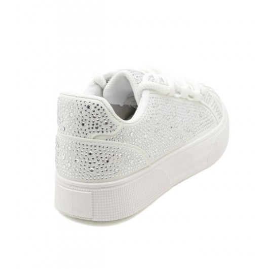 Бели равни кецове с камъни- Qnita White 11683