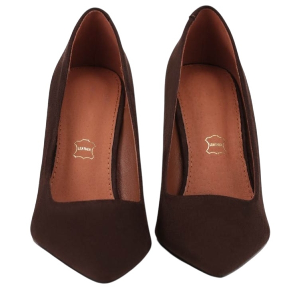 Велурени обувки на висок ток цвят кафе- Klear Coffee 11709