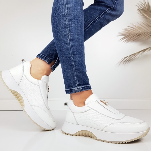 Бели маратонки от естествена кожа с ортопедична стелка- Evita White 11717