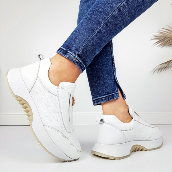 Бели маратонки от естествена кожа с ортопедична стелка- Evita White 11717