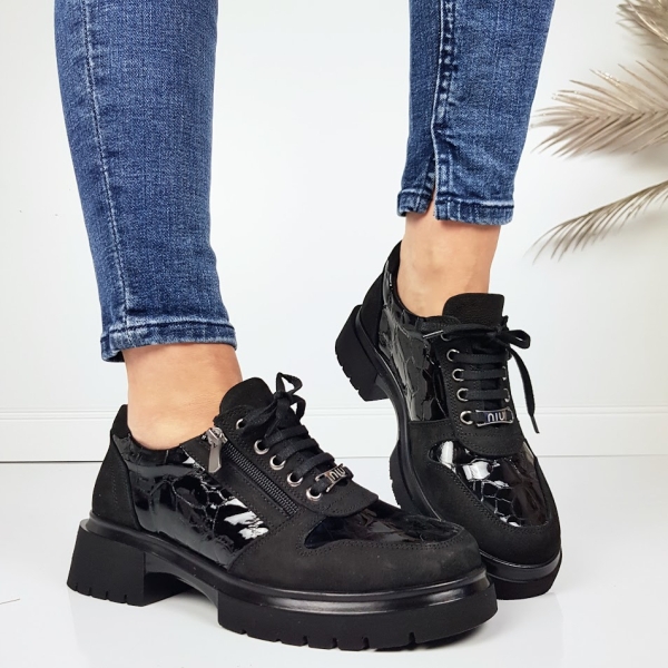 Обувки от естествен кожа с ортопедична стелка- Niq Black 11719