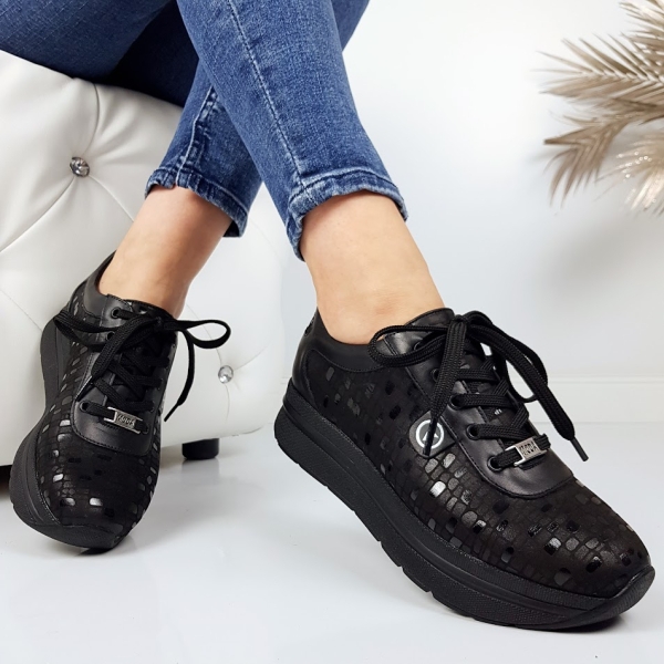 Обувки от ефектна естествена кожа на платформа- Zara Black 11729