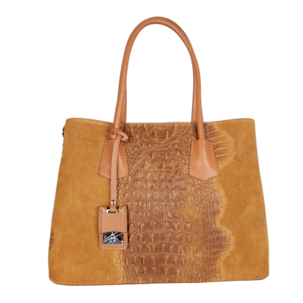 Кафява чанта от естествена кожа с кроко принт- Viola Brown 11757