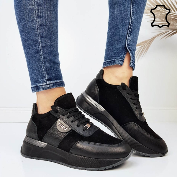 Черни кецове от перфорирана естествена кожа- Sisi Black 11766